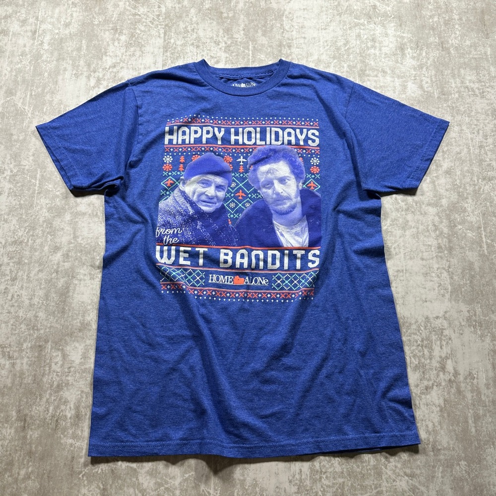 Home Alone T-Shirt Men M Blue Wet Bandits Happy Holidays Graphic Tee
